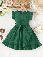 Robe d'été sans manches pour filles, vêtement pour enfants, confortable et simple, couleur unie, col rond, manches bouffantes, ceinture décorative, vêtement pour enfants en une seule pièce, style mignon et féminin, polyvalent, ourlet en dentelle irrégulier, taille cintrée, robe de princesse, style vacances doux et jeune, tenue pour filles de 4 à 5 à 6 à 7 à 8 ans, adapté aux rassemblements décontractés en plein air, aux fêtes et aux cadeaux de vacances 1