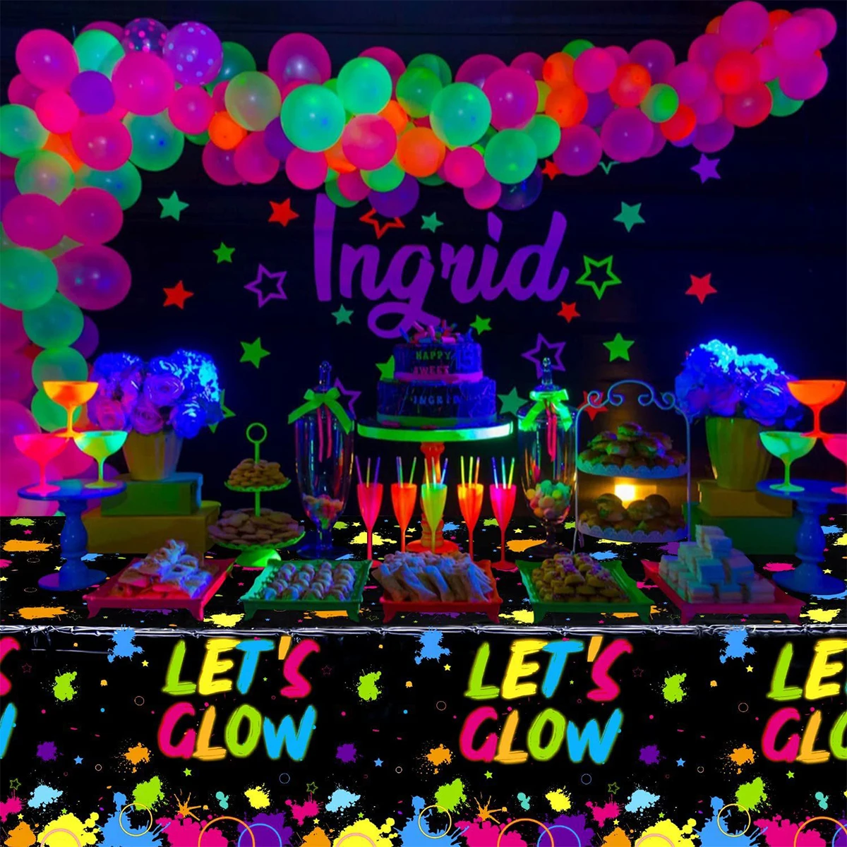 Let's Glow In The Dark Party Decorations Disposable Tablecloth Neon Party Tablecloths Glow Table Covers Birthday Party Supplies 3