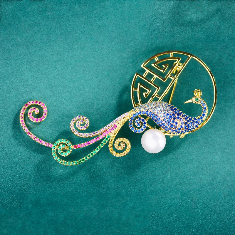 Ethnic Natural Freshwater Pearl Peacock Window Head Broochpins Elegant Temperament Zircon Bird Brooches for Woman Accessories