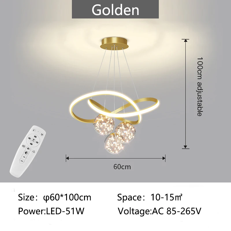 HOUDES Modern Pendant Lamp - 50W LED Dimmable Chandelier With Remote, 3 Color Temperatures, Golden Finish - View #11