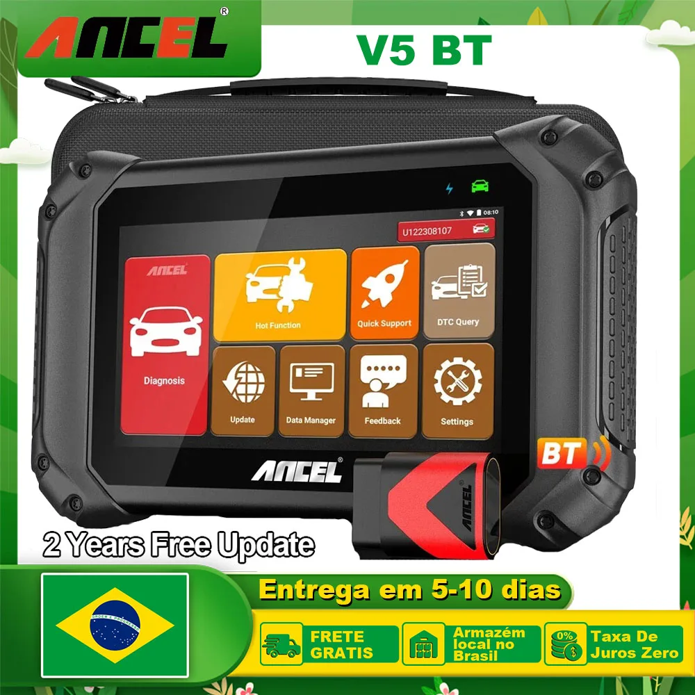 Scanner Automotivo OBD2 ANCEL V5 BT para Todos os Sistemas de Veículos de Passageiros: Teste de Óleo, Regeneração DPF, Redefinição EPB e TPMS, Codificação de Injetores, Ferramentas de Diagnóstico