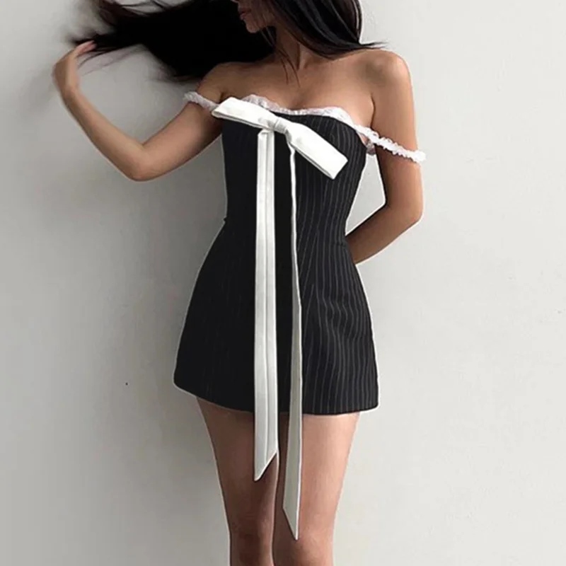 y2k Dress 2000s Women Striped Lace Stitching Off Shoulder Sleeveless Bodycon Short Dress with Bow Decor Party Dresses