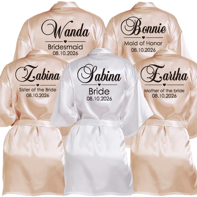 Peignoir de mariage personnalisé avec nom et Date, en fausse soie, pour mariée, demoiselle d'honneur, pour enterrement de vie de jeune fille 1