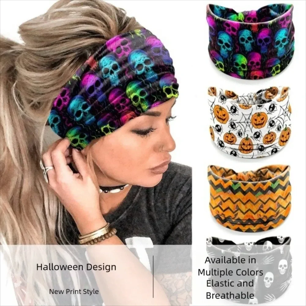 New Skull Print Halloween Headbands Pumpkin Bohemian Elastic Turban Headwear Extra Large Wide Women Headwrap Hair Accessories