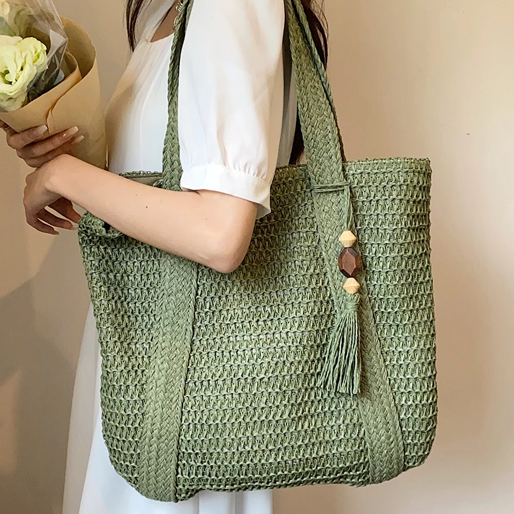 

Handwoven Handbag 2023 New Fashion Women's Large Capacity Summer Mahogany Tassel Shoulder Bags Straw Woven Beach Bag
