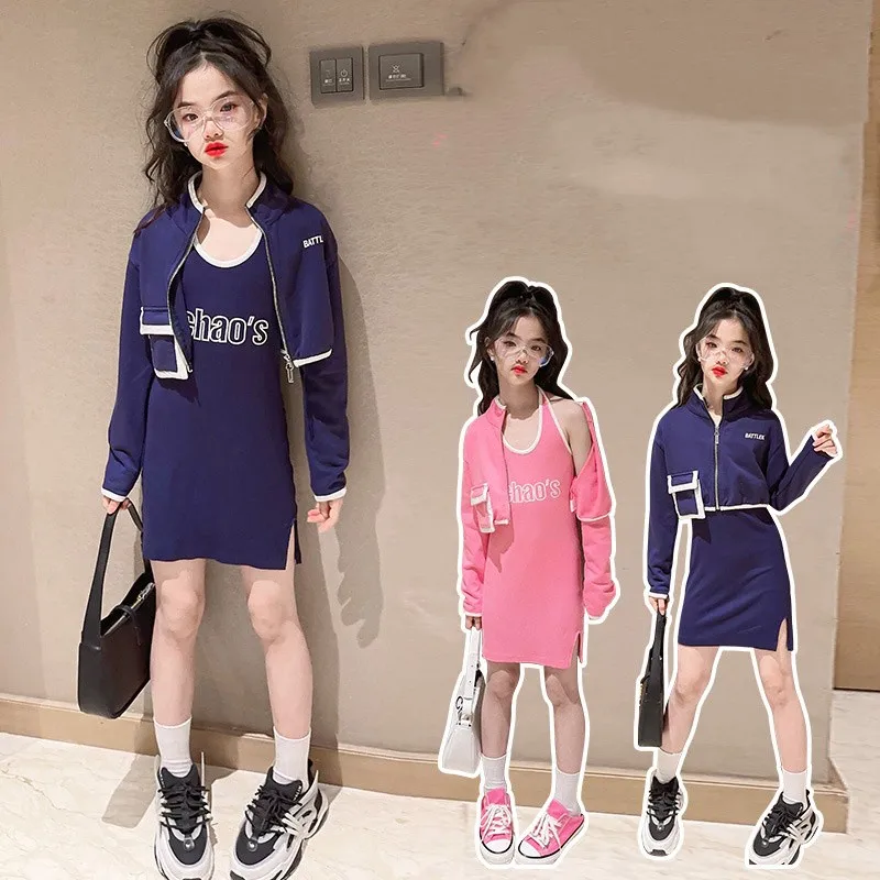 

Girls Coat +Dress Kids Suits 2PCS/Set 2023 Pink Spring Autumn Cotton Teenagers School Uniforms Children Clothing