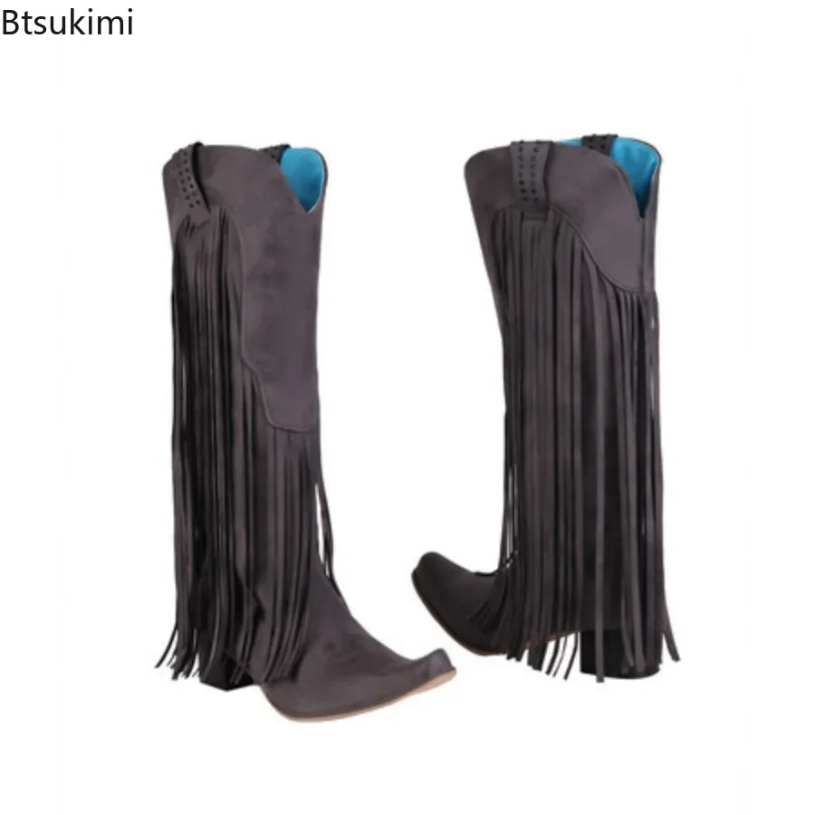 New Women's Large Size Boots Spring Autumn Women's Thick Heel Long Boots Pointed Toe Solid Color Boots Tassel Shoes for Women
