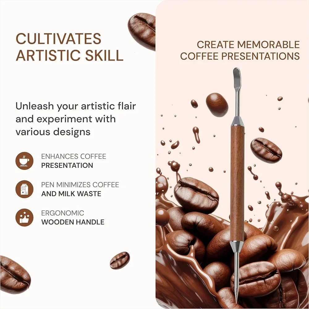 Stainless Steel Coffee Latte Art Pen Stainless Steel Spice Cappuccino Pull Needle Wooden Carving Hook for Floral Design