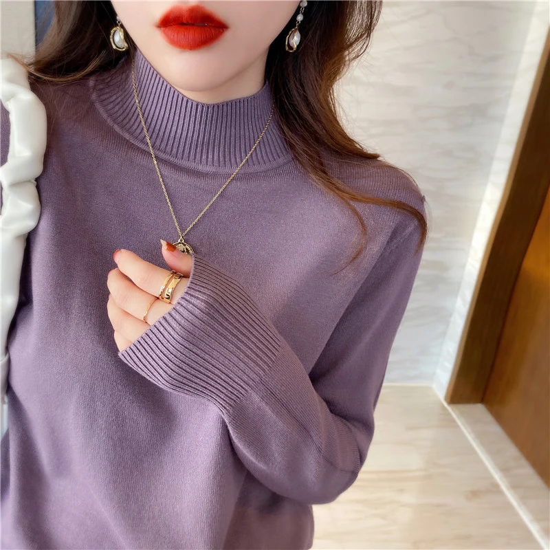New Semi-turtleneck Women's Sweater Fashion Autumn and Winter Women's Clothing Long-sleeved Casual Knitwear Solid Color Jumper