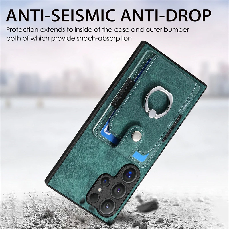 Luxury Leather Magnetic Wallet Case with Ring Stand and Card Slots