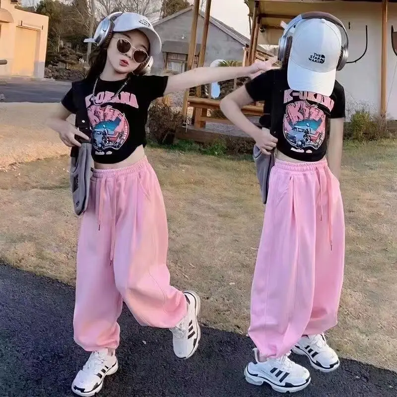 Girls Clothing Set Teenager Summer Girls Clothes Midriff Street Suit Crop Top T Shirt + Pant
