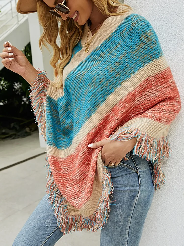 

Fashion Vintage Capes Women Patchwork Fringe Boho Shawl Ponchos Sweater Knitwear 2023 Autumn Winter Fashion Batwing Sleeve Cloak