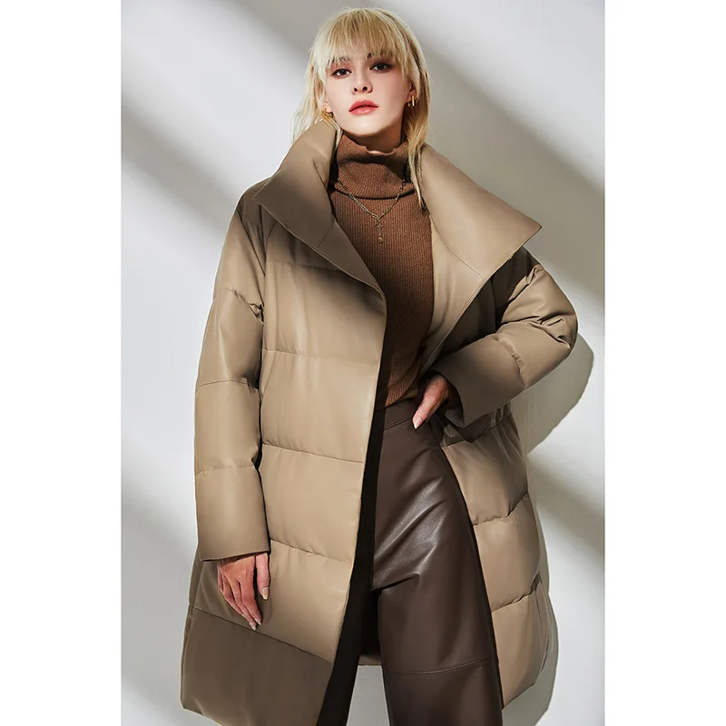 Women's Mid-Length Straight Leather Down Jacket, Stand Collar, Natural Sheepskin, Women Fashion, Genuine Warm Coat, Winter winter women s coat stand collar long sleeves thickened and warm single breasted warm pockets mid length women s coat