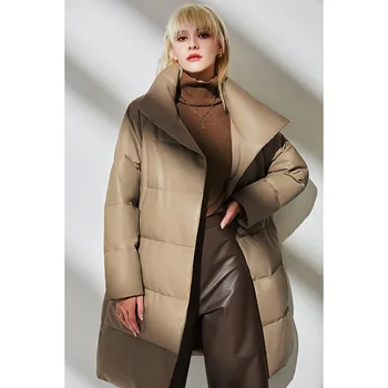 Women's Leather Down Jacket, Mid-Length, Stand Collar, Straight, Genuine Sheepskin, Warm Coat, Winter