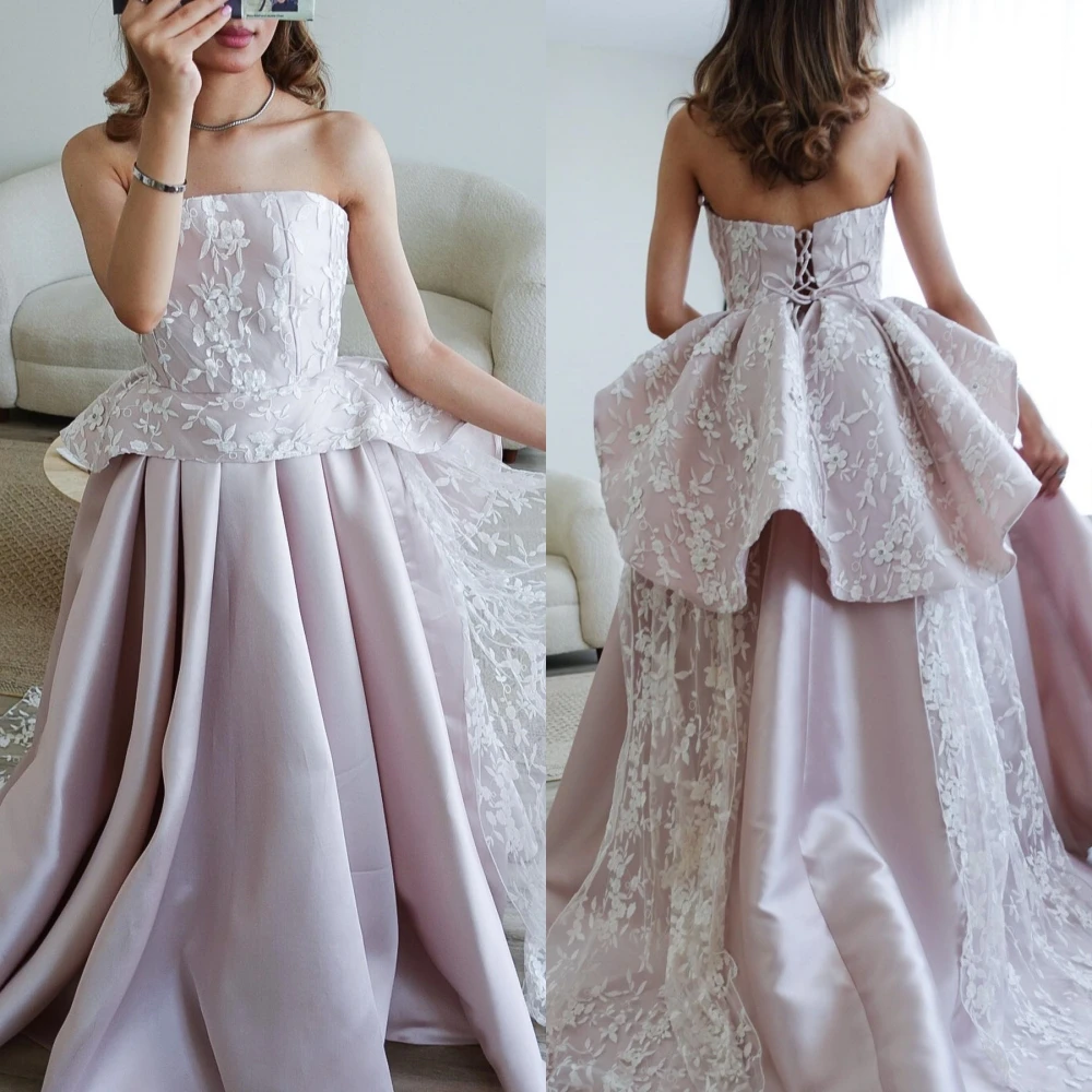 

Prom Dress Evening Saudi Arabia Satin Applique A-line Strapless Bespoke Occasion Gown Long es