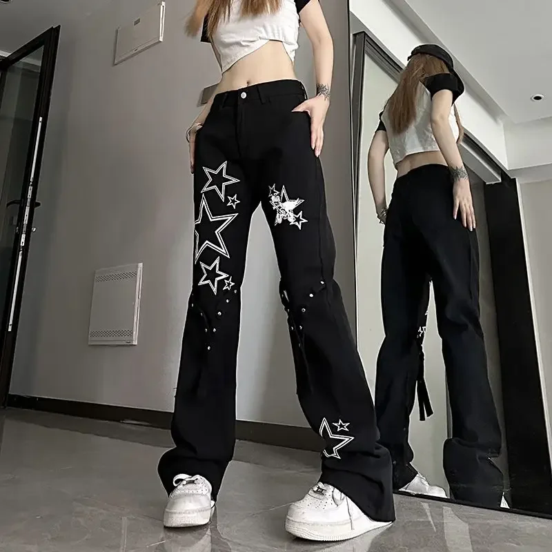 마이크로 라 아메리칸 스타 청바지, 여성용 트렌드 조커 Y2k 하이 웨이스트 슬림, 루즈한 스트레이트 와이드 레그 캐주얼 바지, 롱 팬츠, 소녀, 신제품
