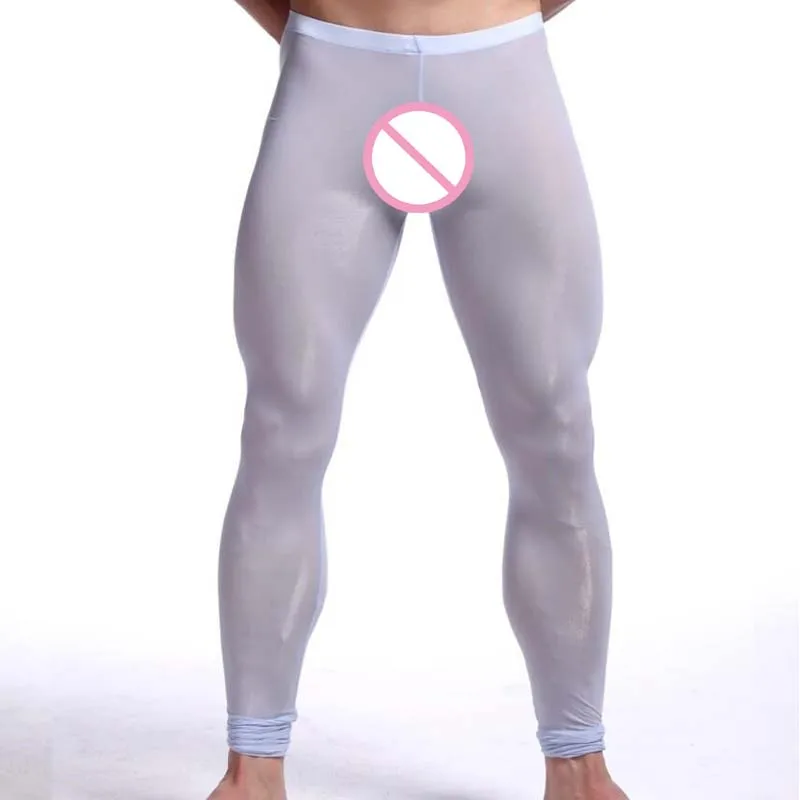 New Men's Sexy Nylon Transparent Long Johns Homme Lce Silk Sheer Leggings Bottoms Gay Spandex Lounge Tights Underwear Homewear 5