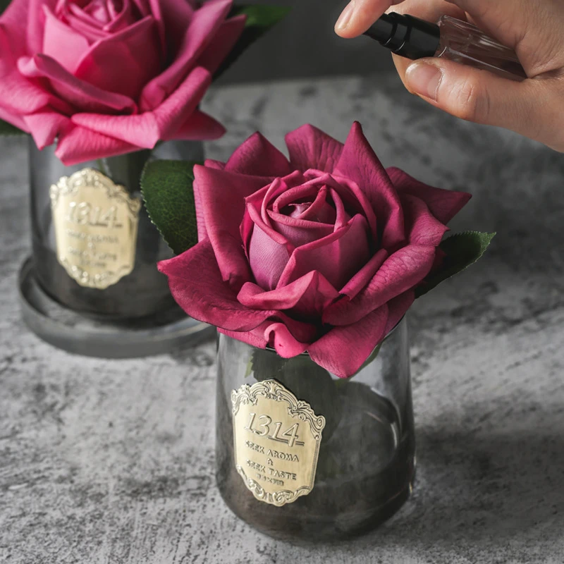 Artificial Rose Flower and Glass vase , Fake Silk Flower Glass Bottle Set with Fragrance Oil, Birthsday and Anniversary Gift