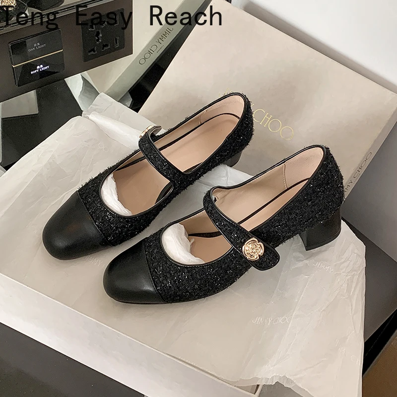 2024 Women Pumps Genuine Leather Square Toe Buckle Strap Shoes Woman Thick Heels Spring Summer Basic Working Office Lady