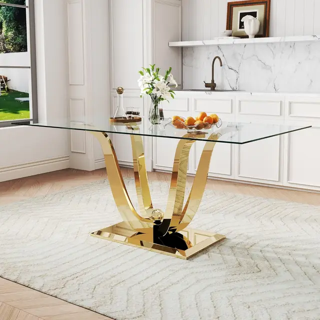 70″ Rectangle Glass Dining Table, Large Gold Kitchen Table for 4-8 People with Tempered Glass Tabletop and Unique Petal-Shape