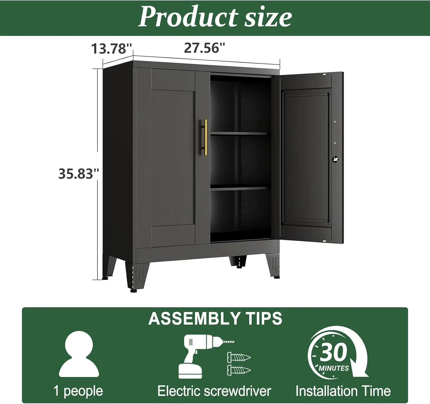 Black Metal Storage Cabinet, 36" Tall Locking Storage Cabinet with 2 Adjustable Shelves, Steel Locker Organizer