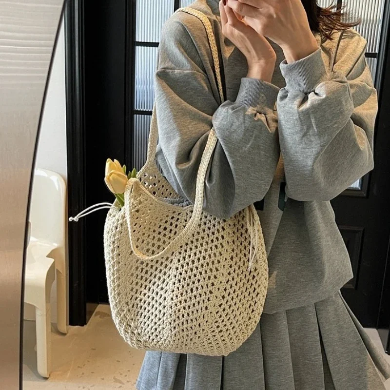 2-IN-1 Luxury Summer Beach Tote Bag for Women Casual Lady Hollow-out Shoulder Bag Large Capacity Underarm Bags Female Handbag