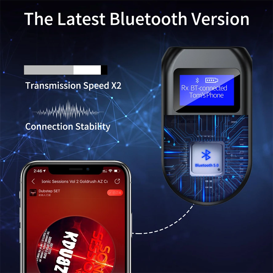 Bluetooth 5.0 Audio Transmitter Receiver 3.5mm Jack AUX Wireless Audio Adapter LCD Display Mic for TV Speaker Car Stereo