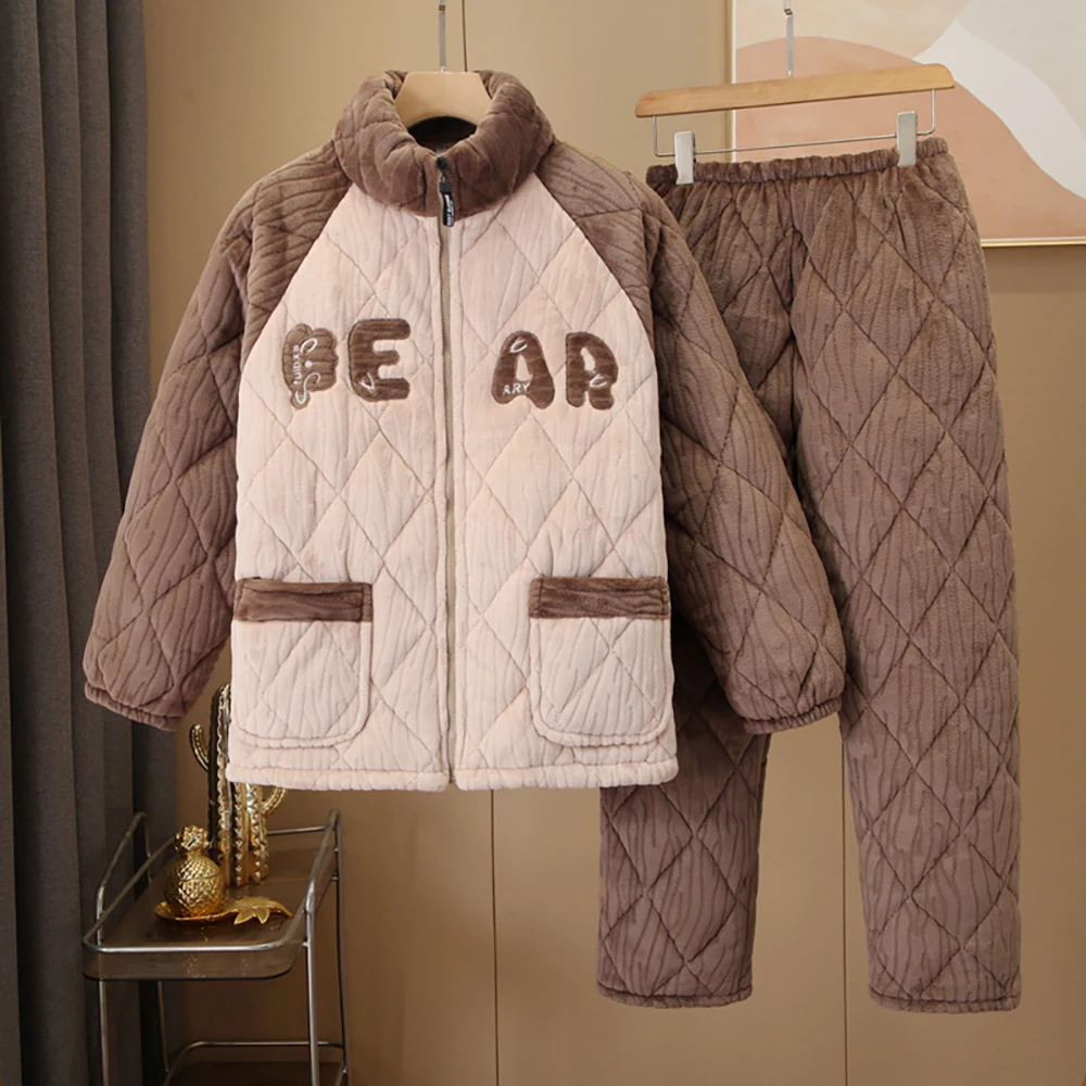 Man Winter Flannel Warm Pajamas Set 3-layer Thicken Pajama for Men Fashion Plaid Zipper Sleepwear Casual Comfort pyjama homme