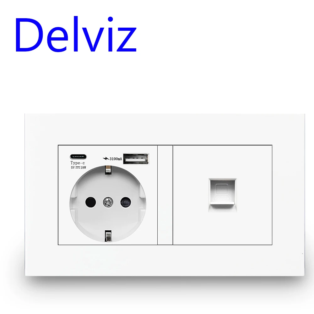 Delviz zeď USB dvojitý nástrčkový, bělouš kvalita plastový panel, 5V 2100ma s USB porty, 146MM*86MM, EU předpis typ C energie vývod