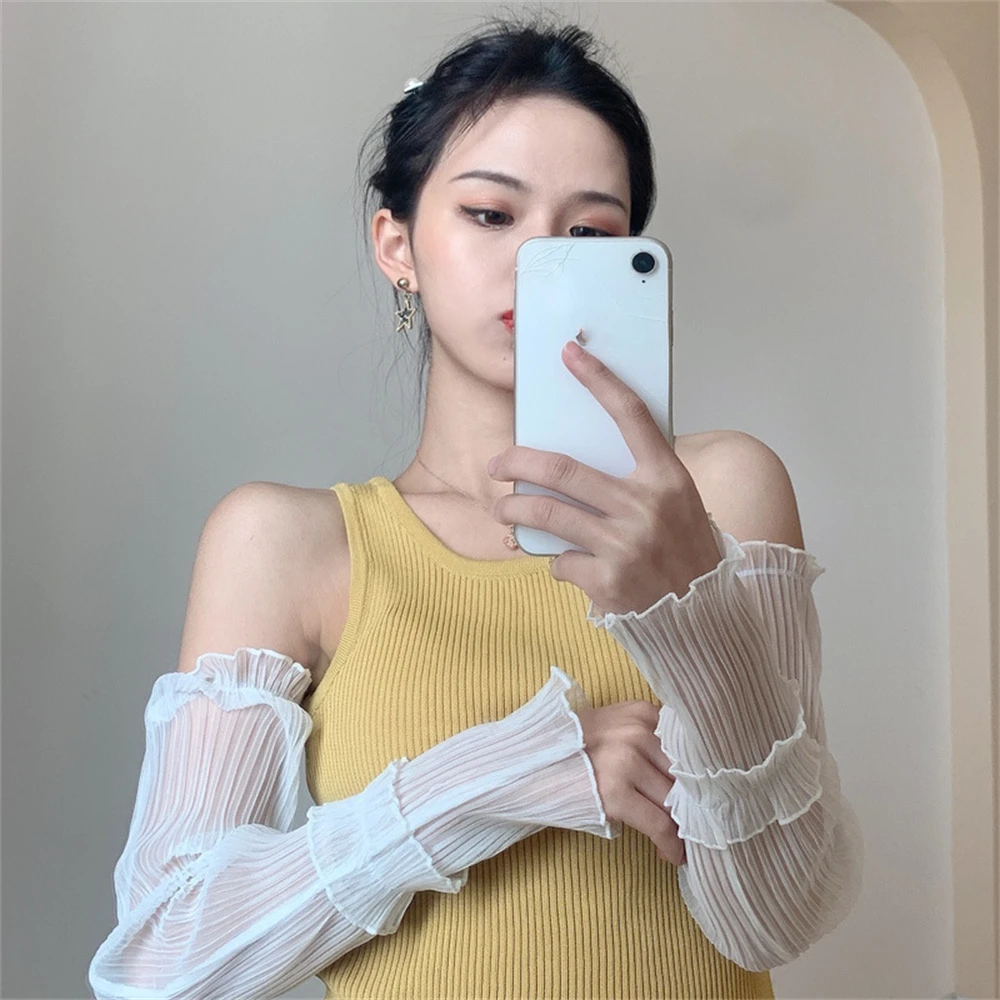 Women\'s Sun Protection Sleeve Cover Long Pleated Breathable Arm Warmer Lace Mesh UV Protection Cover Summer Ice Silk Sleeves