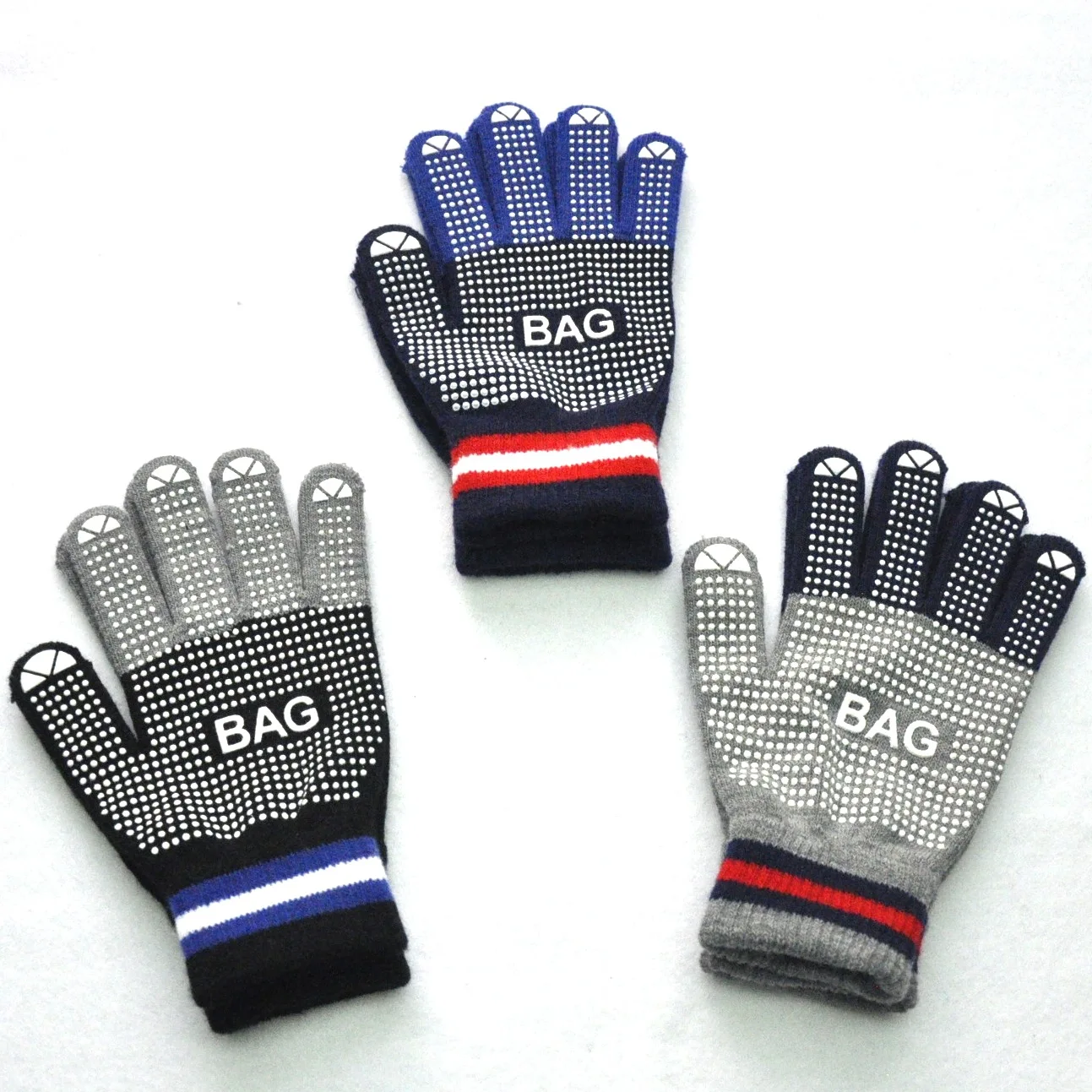 Men's and women's winter cycling spot grain non slip warm knitted gloves high elastic five finger color matching gloves