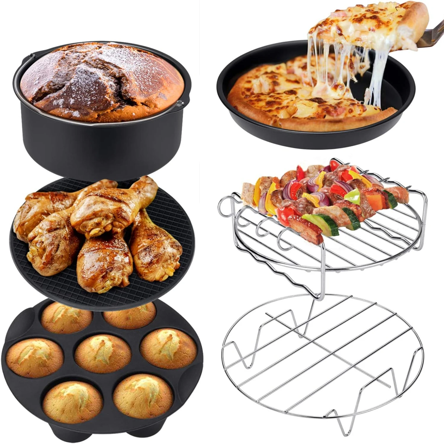 

Carbon Steel Air Fryer Accessories Set Heat Insulation Pad Pizza Pan Single Layer Steaming Rack Set Non-Stick Dishwasher Safe