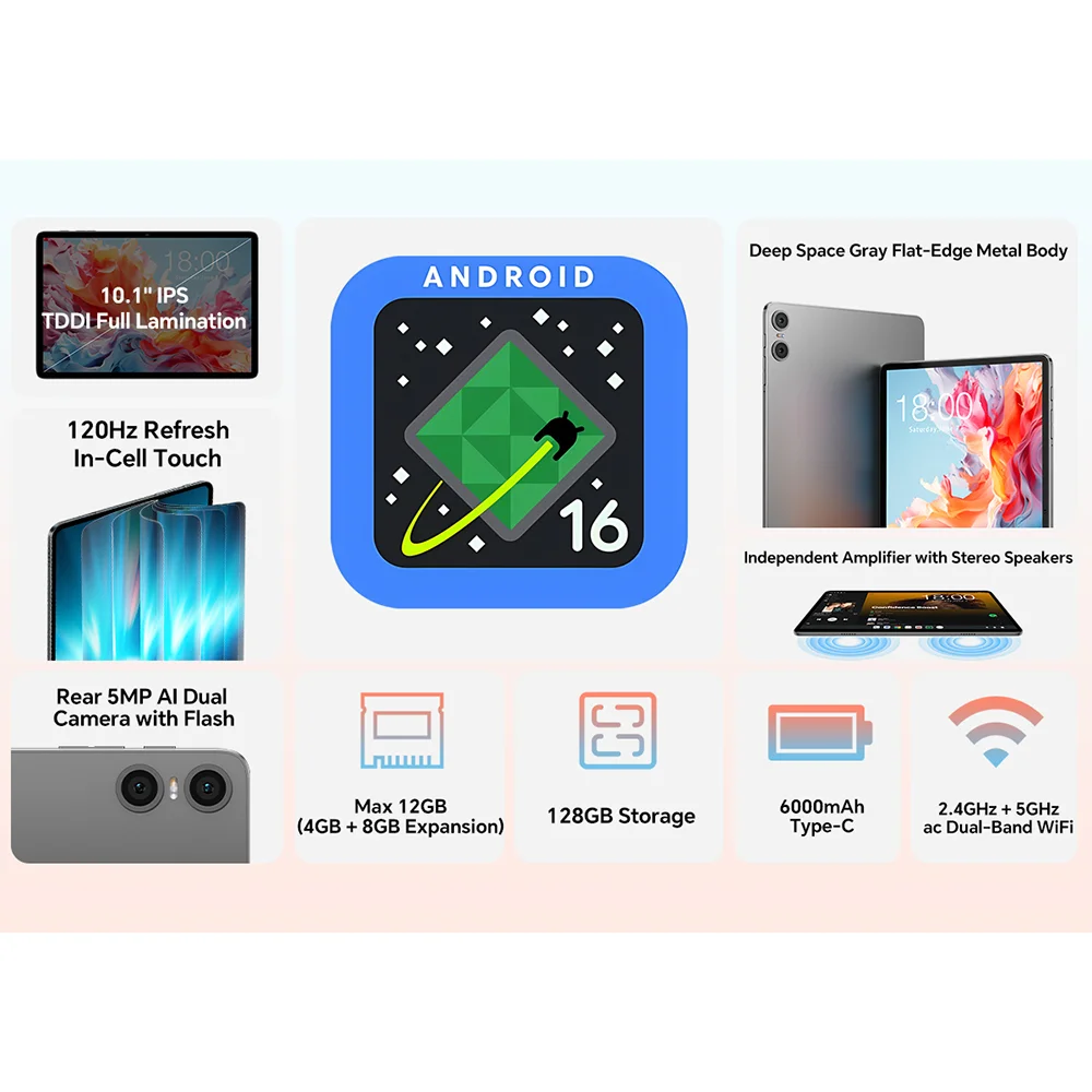 Teclast P30T Set 10.1" 120Hz Android 16 Tablet T7200 8-core Max. 12GB RAM 128GB ROM Keyboard/Case/Mouse/Stylus/Headphone/Stand 2