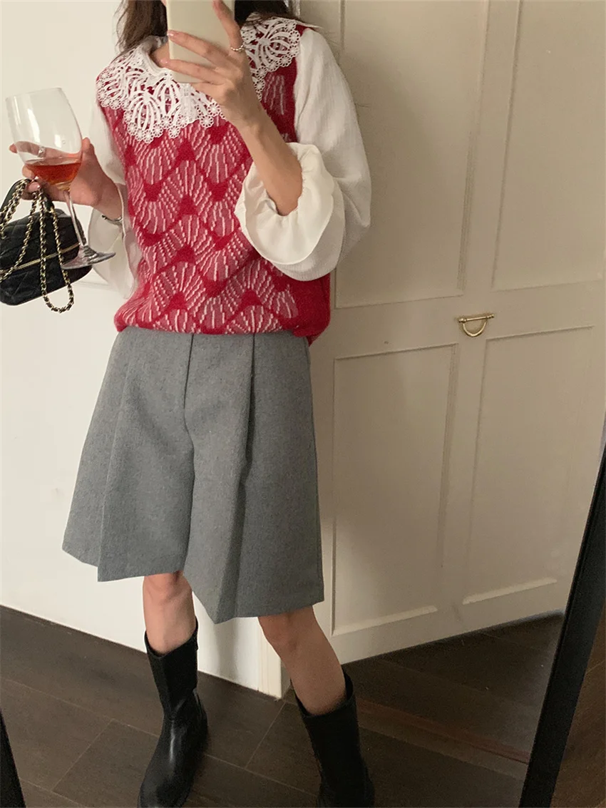 Arazooyi Vintage Wide Leg Shorts Women Chic Office Lady Peter Pan Collar Shirts Autumn Elegant Knitted Sweet Sweaters Vest