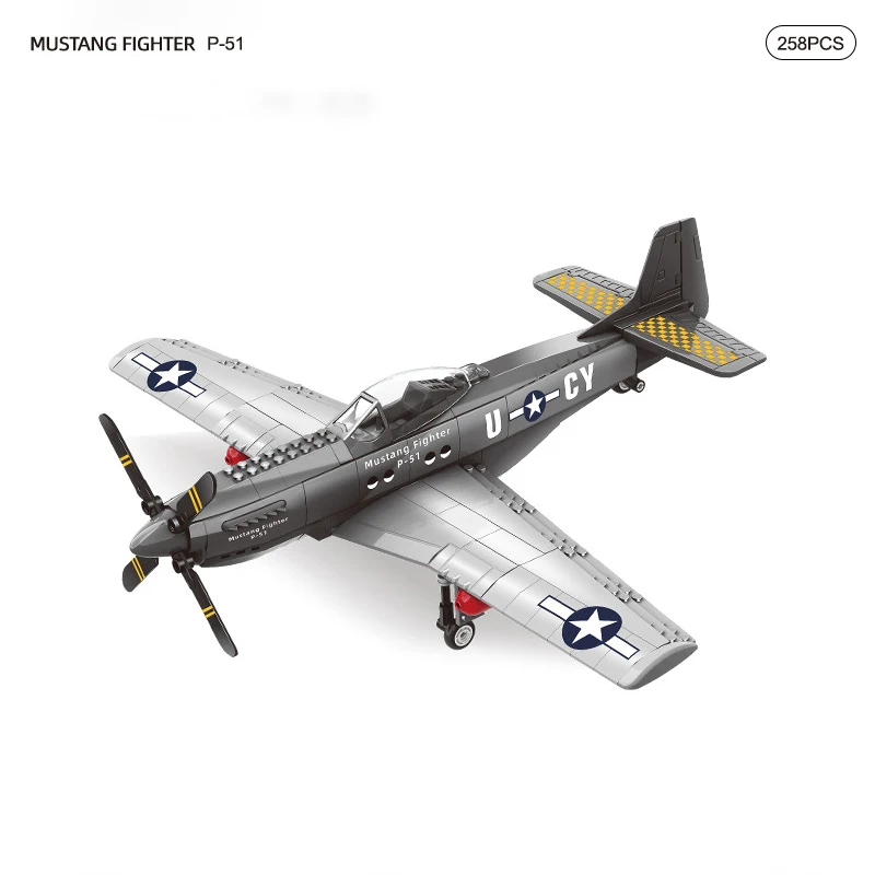 

Air Force Military P51 Mustanging Fighter WW2 Soldier Weapon Aircraft Propeller Plane Model Building Blocks Toys For Children