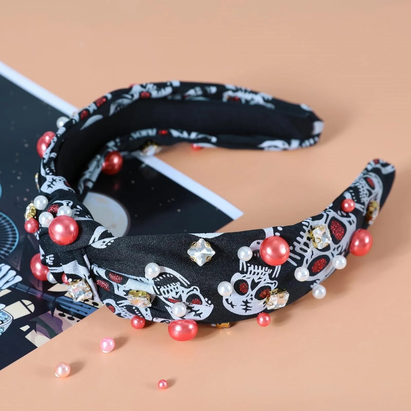 1PC Halloween Themed Headband: Skull Print, Pearl & Rhinestone Embellishments, Unique Hair Accessory