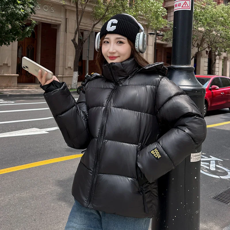 Fashion Black Glossy Overcoat Women Winter Down Cotton-padded Jacket Hooded Thicken Parka Female Loose Windproof Short Coat 2023 loose puffer jacket hooded female oversize warm winter coat hood korean women thicken short parka cotton harajuku outfits