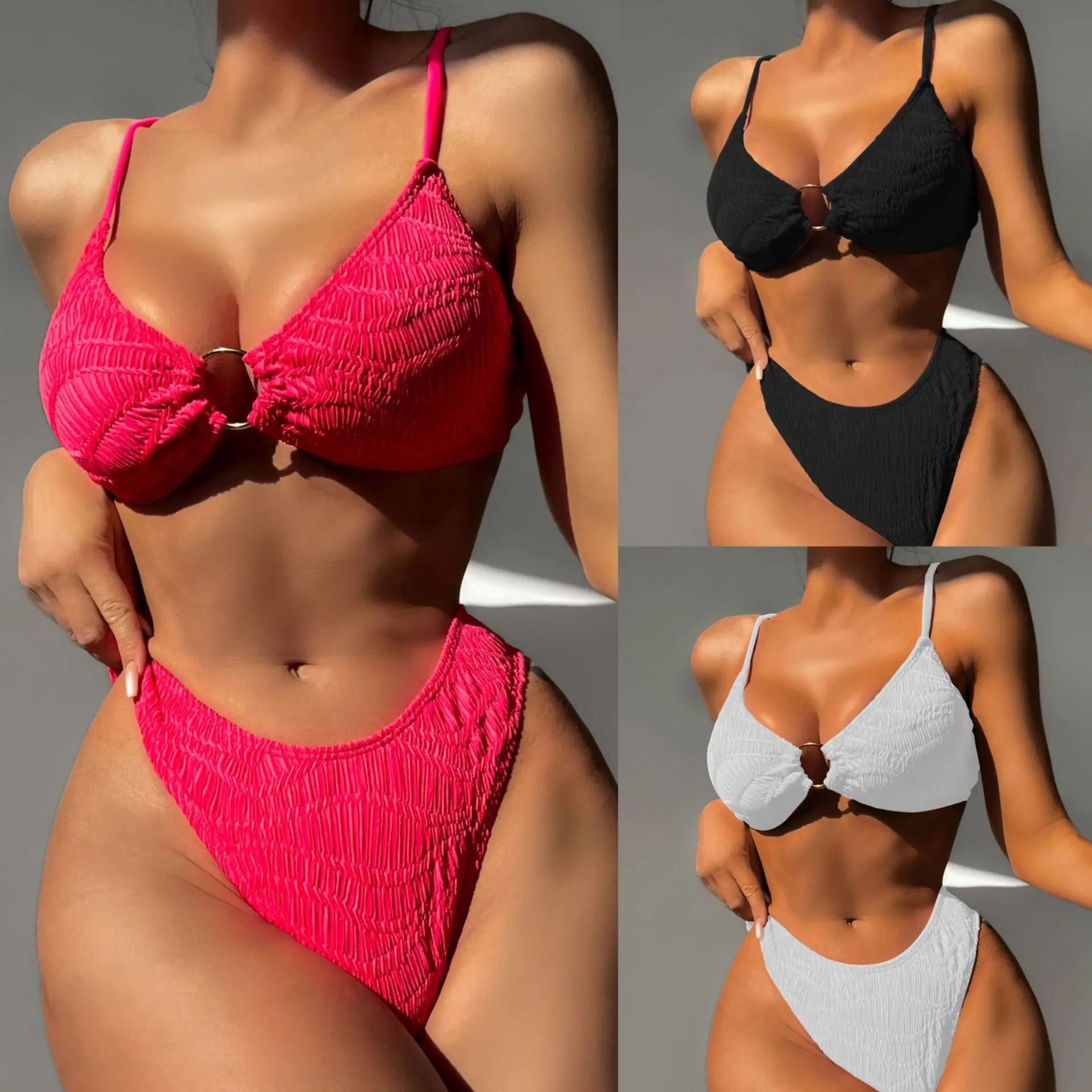 

European and American New Fashion Sexy Bikini Solid Color Small Loop Swimwear Triangle Bag Women Swimwear Two Piece Swimwear