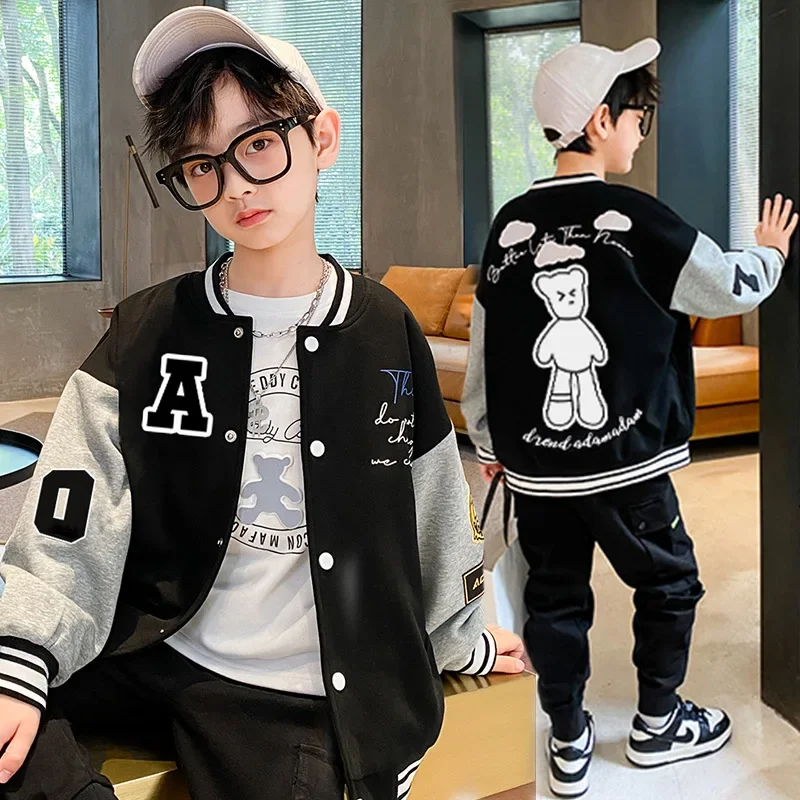 

Spring Autumn Boys Contrast Alphabet Cartoon Varsity Jackets School Kids Outfit Tops Child Single-breasted Sport Coats 3-14 Yrs