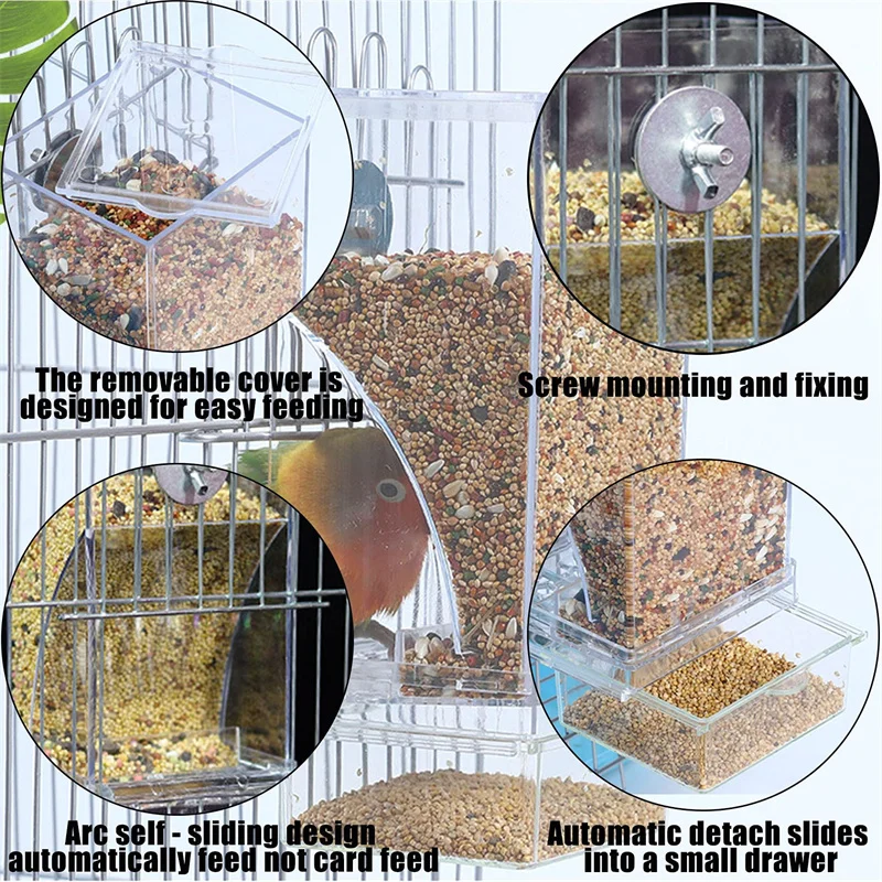 No Mess Bird Feeders Automatic Parrot Feeder Drinker Acrylic Seed Food Container Cage Accessories For Small And Medium Parakeets 4