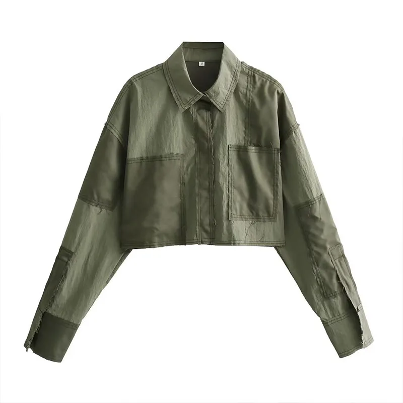 

Women's Drawstring Clash Patchwork Shirt 2023 Casual Lining Single Breasted Shirt Long Sleeve Short Tops