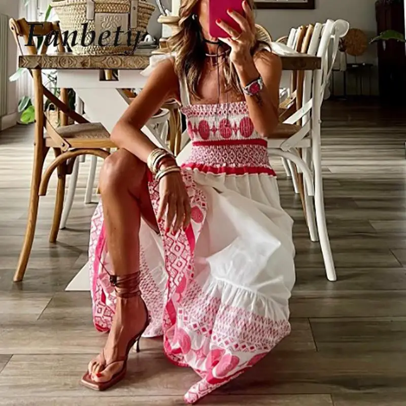 

Elegant Women Big Hem Sundress Lady Sleeveless Sling Printed Bohe Dresses Casual Summer Off Shoulder Loose Beach Long Dress