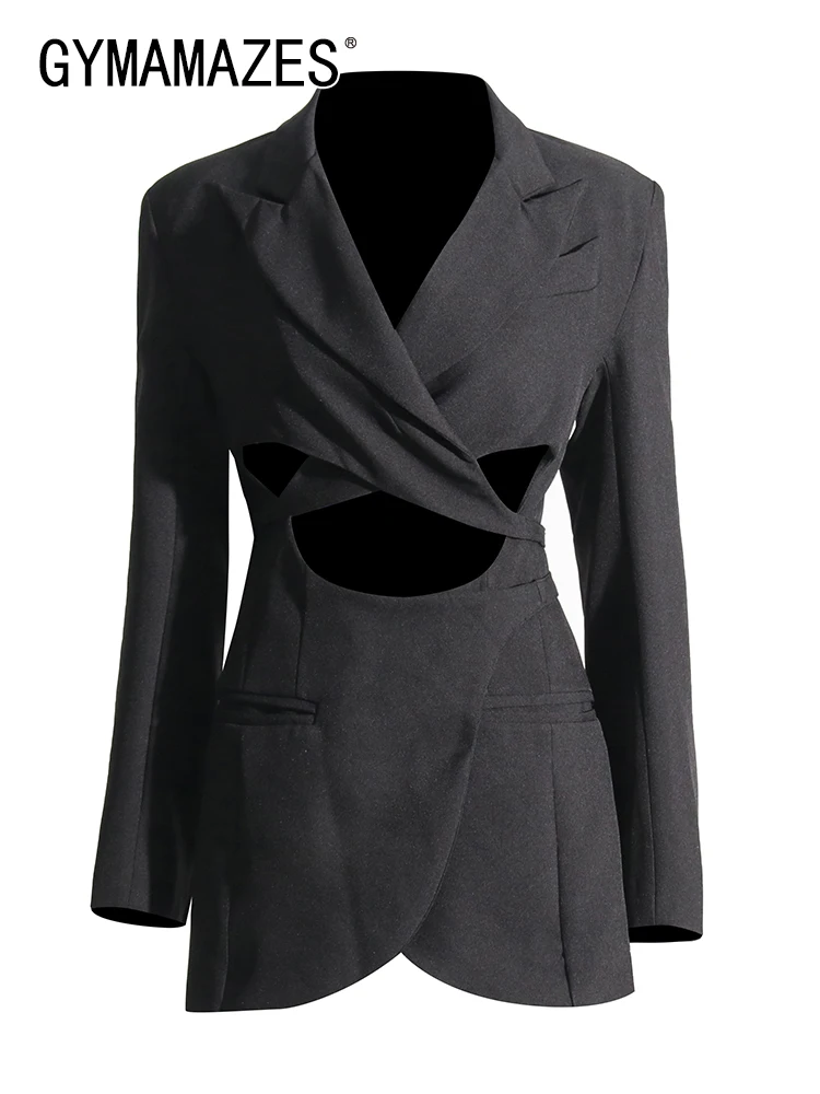 

GYMAMAZES Casual Blazers For Women Notched Collar Long Sleeve Patchwork Single Breasted Hollow Out Lace Up Blazer Female Fashion