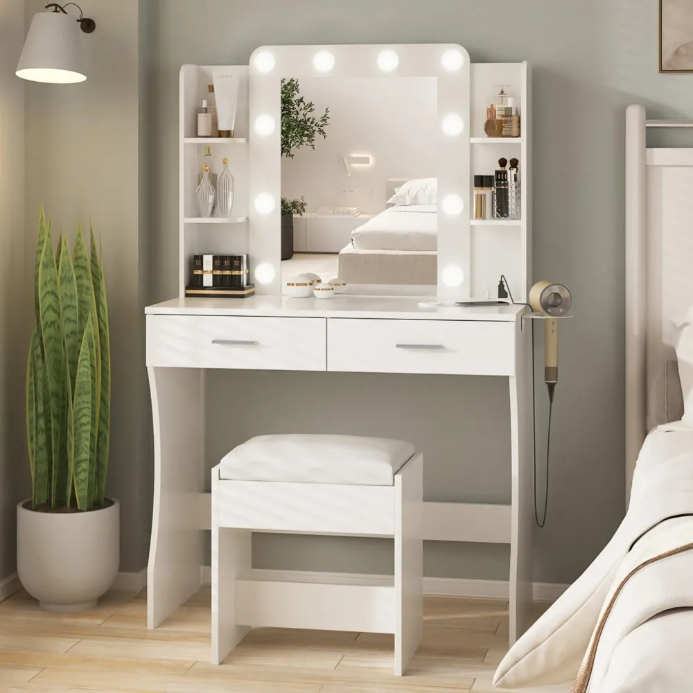

Desk with Lights,Makeup Vanity with Power Strip,Dressing Table Set with 2 Large Drawers,Vanity Mirror 3 Lighting Color
