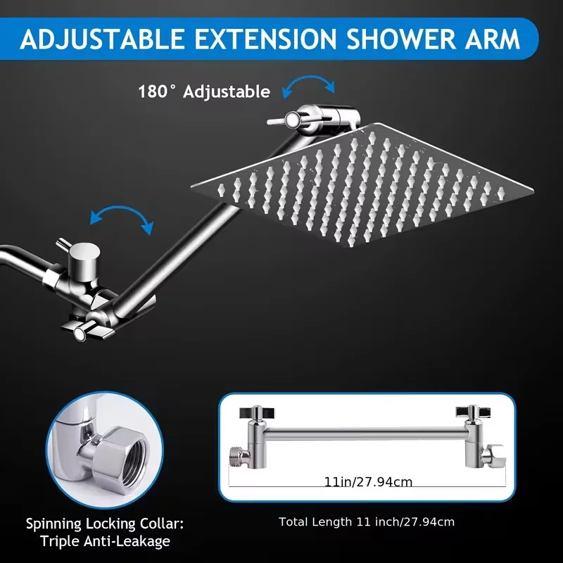 Shower Head, 8/10 Inch High Pressure Rainfall Shower Head/Handheld Shower Combo With 11 Inch Extension Arm