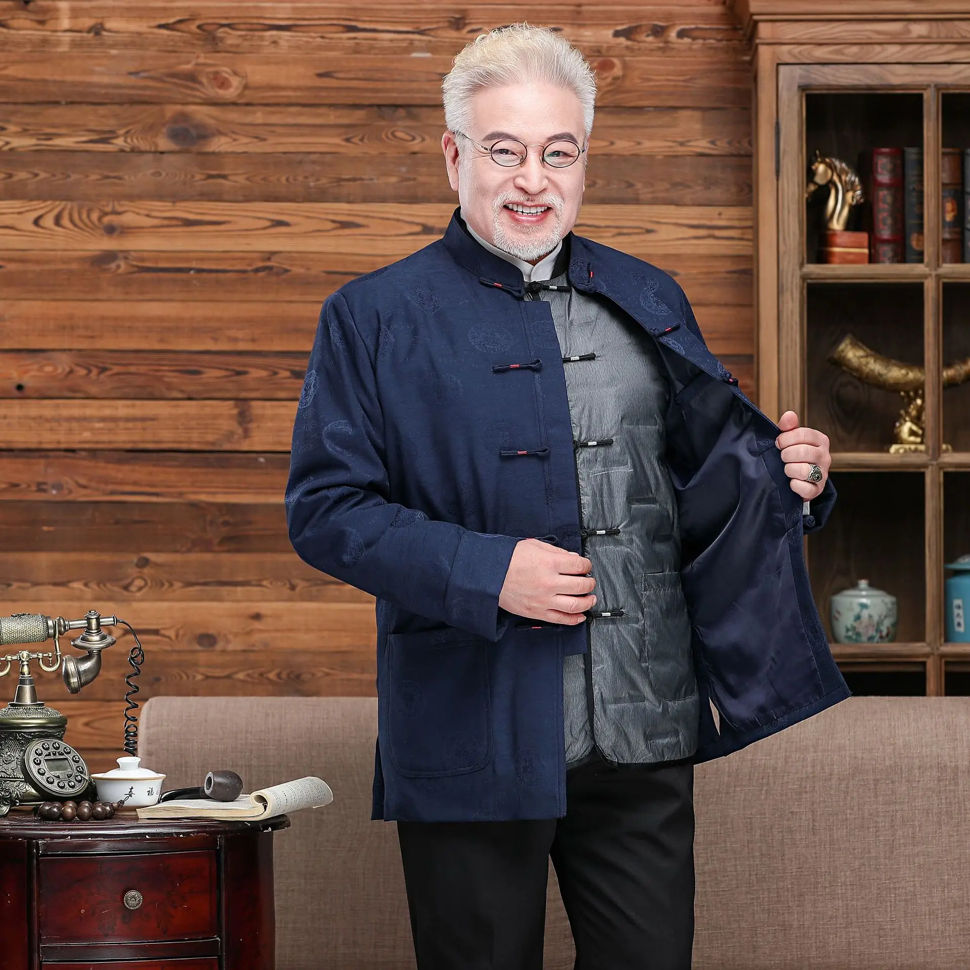 Winter Chinese Style Warm Coat Men Button New Year Gift for Father Traditional Jacket Pant Tang Suit Retro Chinese Tunic Suit