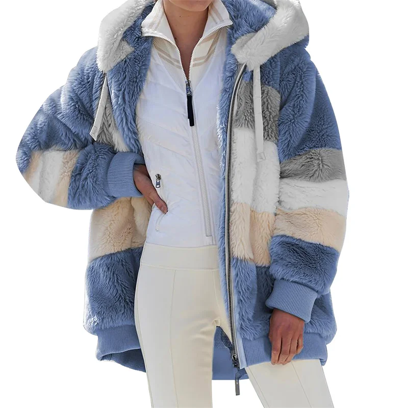 

Winter Ladies Clothes Hooded Zipper Ladies Coat Women's Coat Fashion Casual Stitching Plaid Plush Women Jacket New Hot Sale