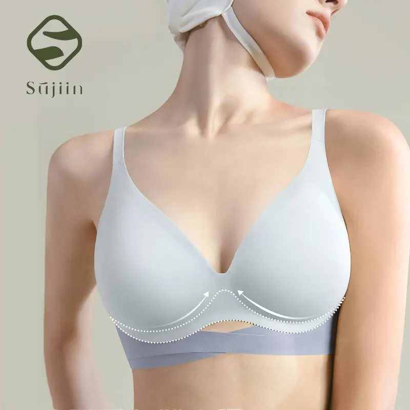 

Sujiin Cross-folding Sexy Seamless Bra for Women Cat Mouth Soft Support Fixed Cup Plunge Push Up Bras Female Underwear MX102G2
