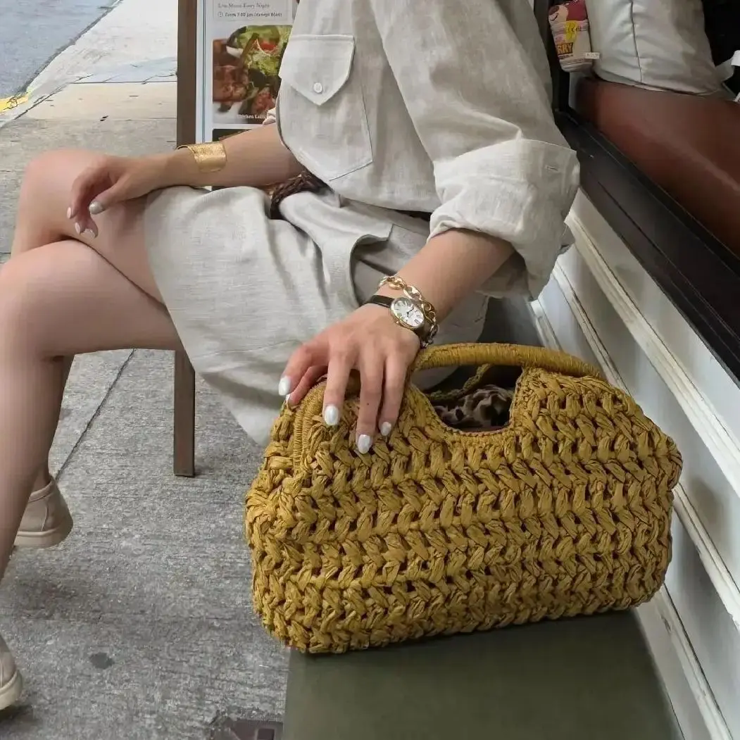 Elegant Ladies Chain Woven Handbag Straw Shoulder Bag