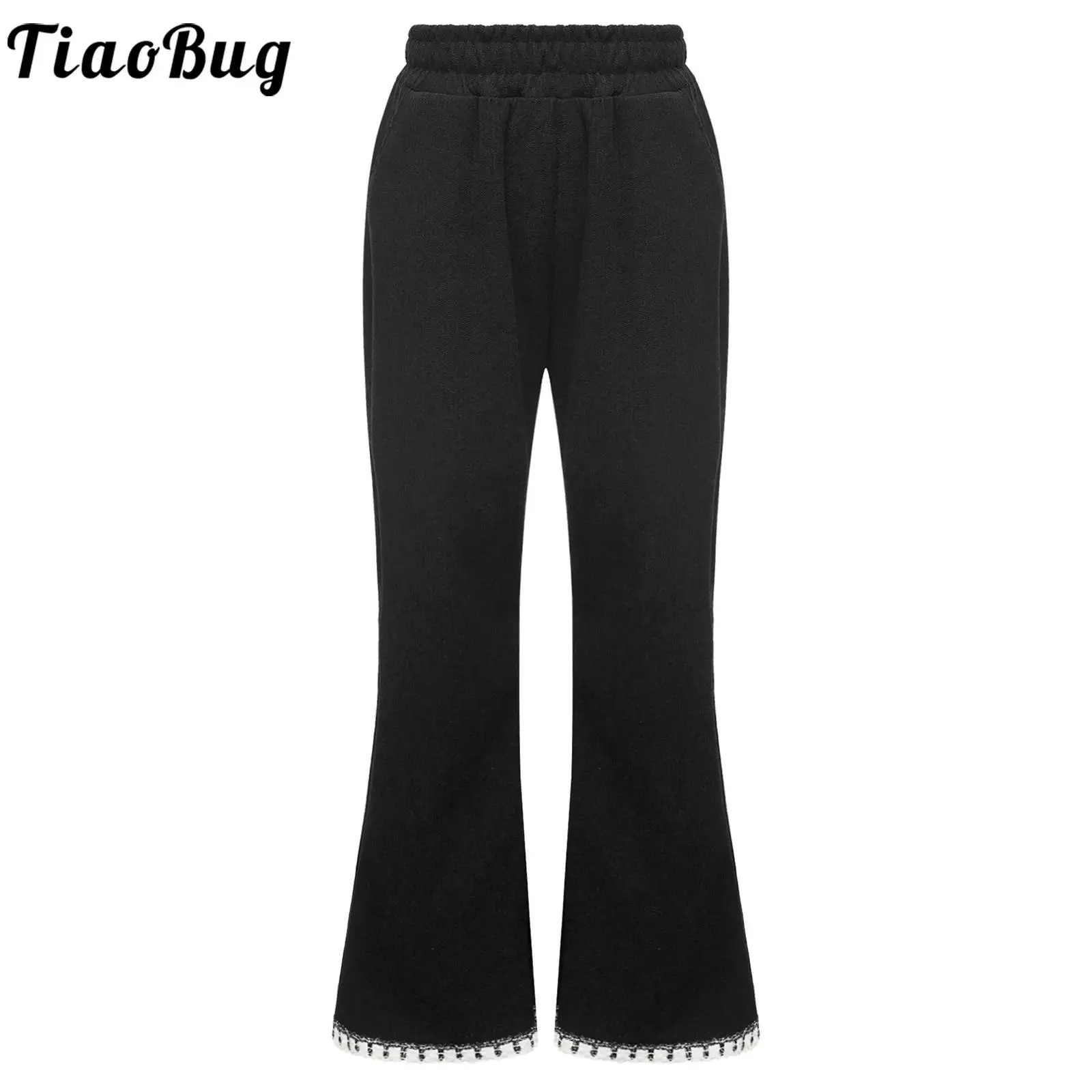 

Kids Girls Corduroy Flared Pants Casual Solid Color High Waist Elastic Waistband Lace Trim Ribbed Trousers for Casual Daily Wear